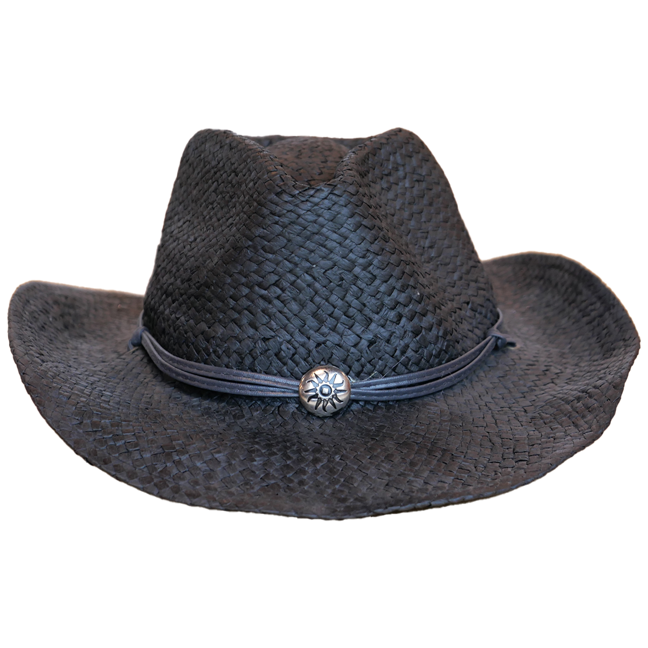 black straw cowboy hat features a sun charm