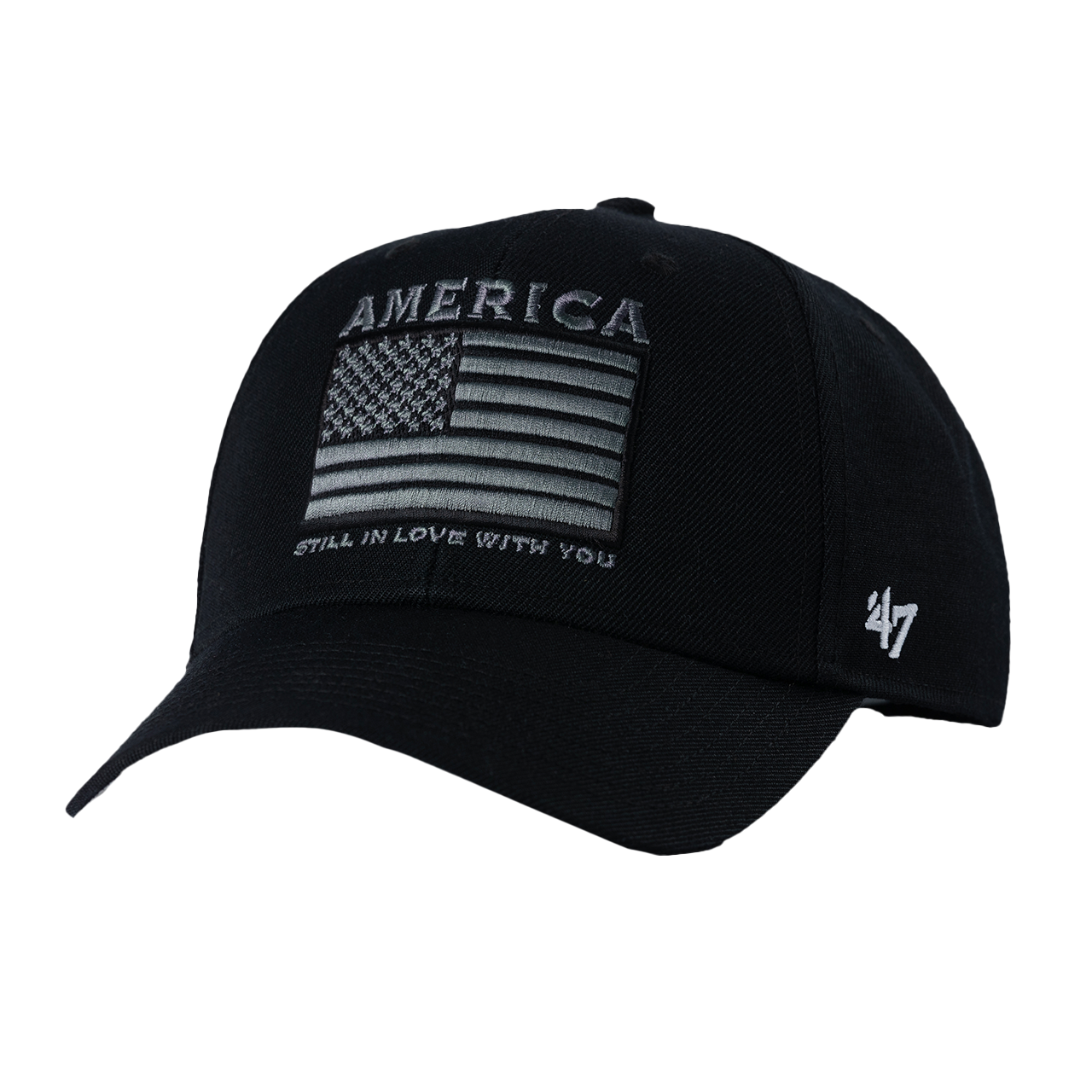 black hat features a gray American flag graphic on the front with text that reads "America Still In Love With You." The back features a Clint Black logo.