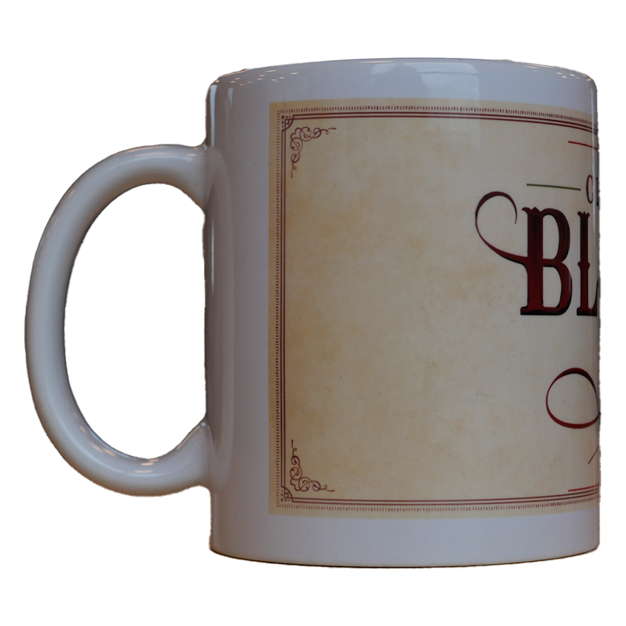white coffee mug features the Clint Black logo with a Christmas design
