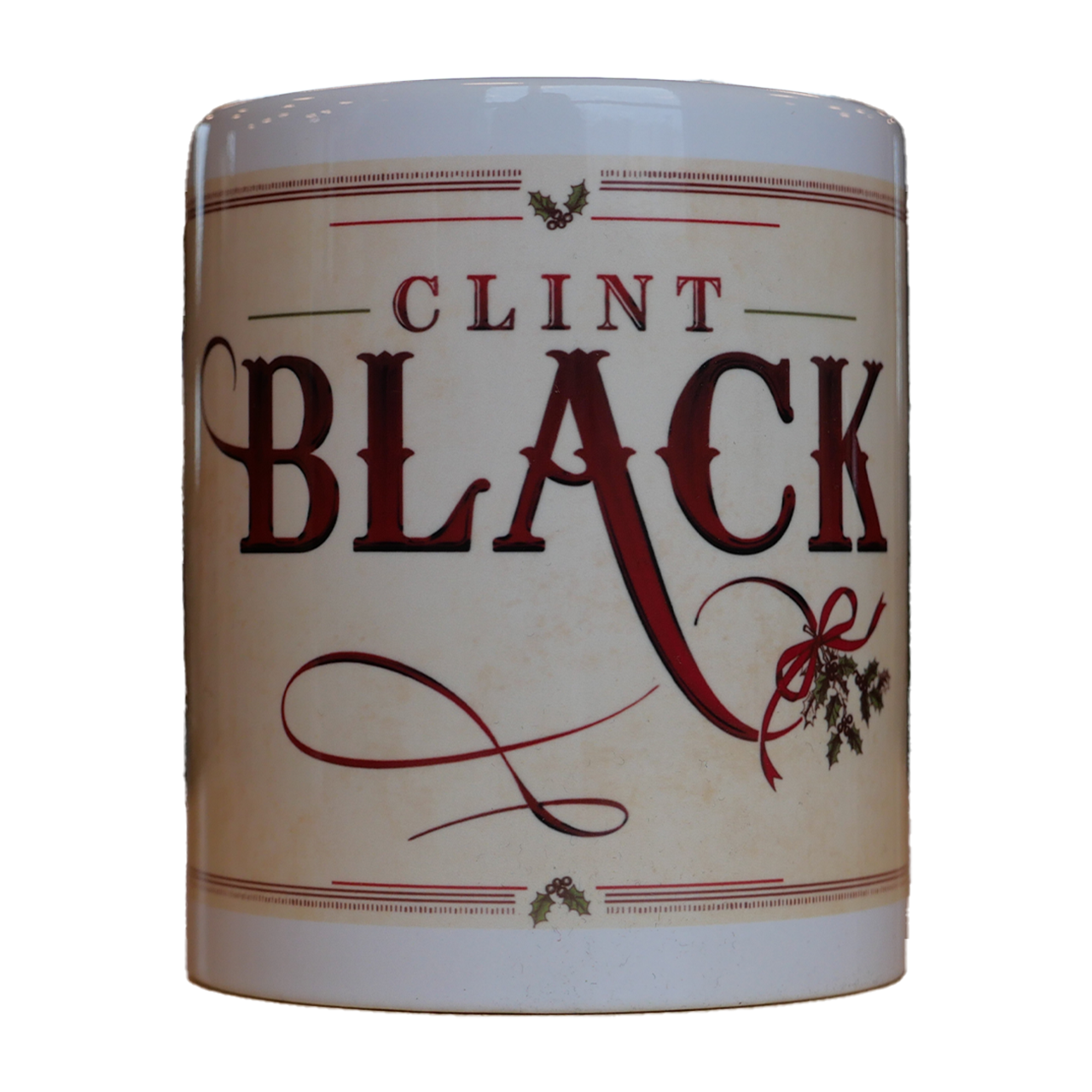 white coffee mug features the Clint Black logo with a Christmas design