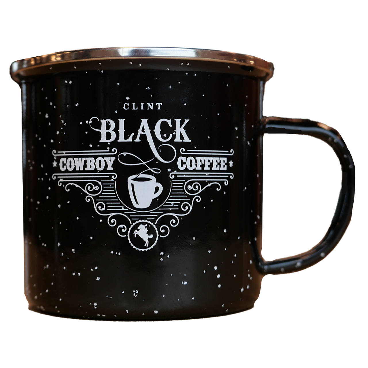 black camp mug features a Clint Black Cowboy Coffee text design.