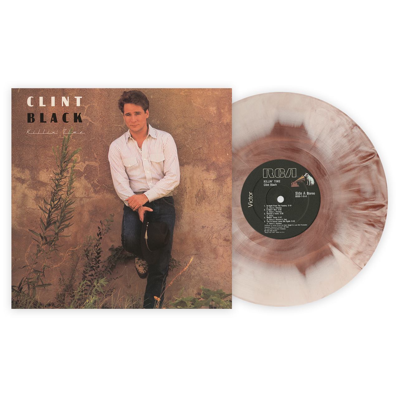 Clint Black Killin Time Vinyl features a photo of Clint Black leaning again a wall. Brown vinyl disc is featured