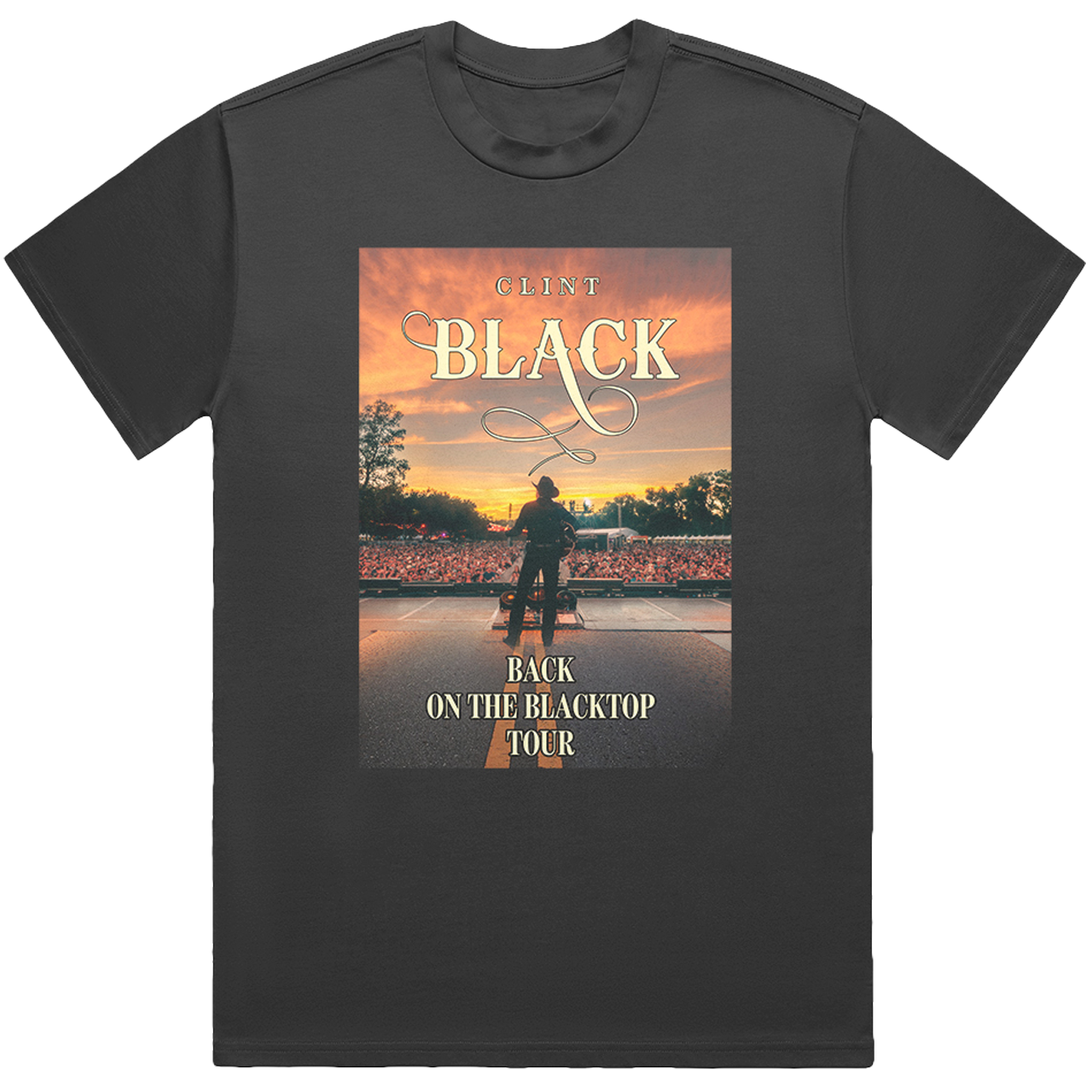 black tee featuring man standing on stage with crowd and sunset in the background. text reads "Clint Black" and "Back On The Blacktop Tour"