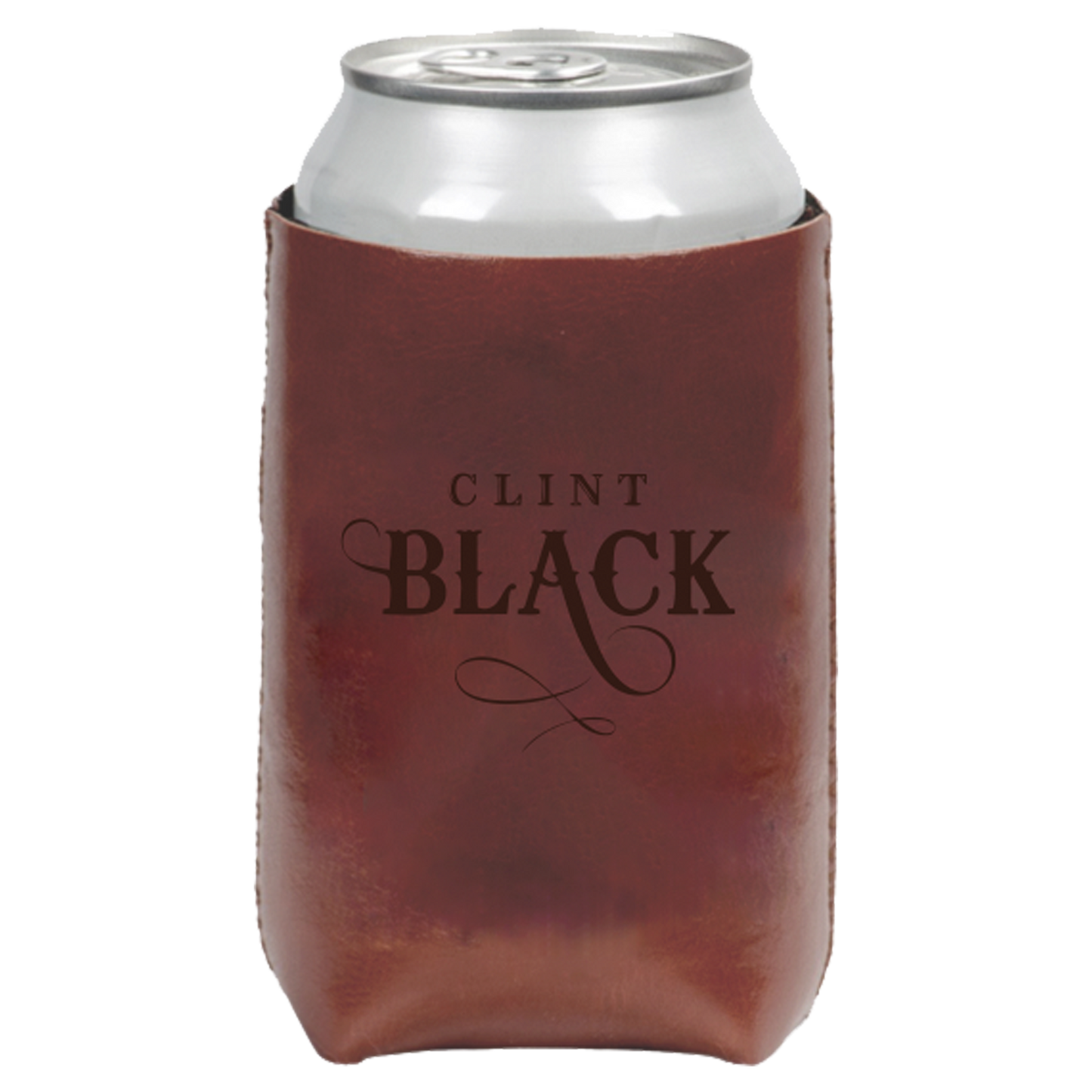 Leather Koozie featuring a cowboy and the words, "A Better Man" and "ESTD 1989 Clint Black Houston-Texas" on one side. On the other side, the text "Clint Black" is featured