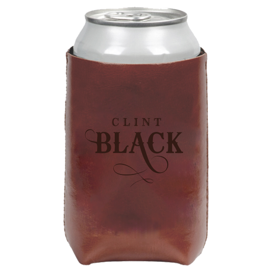 Leather Koozie featuring a cowboy and the words, "A Better Man" and "ESTD 1989 Clint Black Houston-Texas" on one side. On the other side, the text "Clint Black" is featured