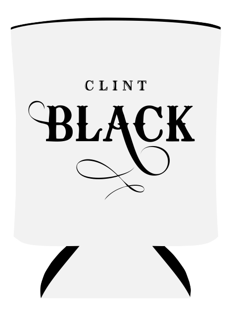 white koozie features the text, "Clint Black" on one side with a guitar on the other side above the text, "America, I'm still in love with you"
