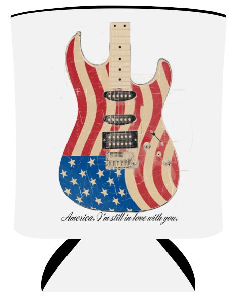 white koozie features the text, "Clint Black" on one side with a guitar on the other side above the text, "America, I'm still in love with you"