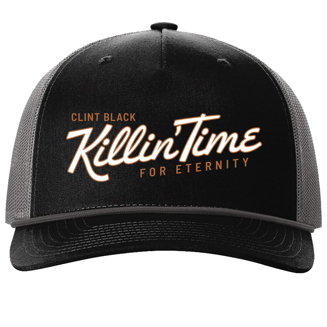 black 5 panel hat features a mesh back with a Clint Black "Killin' Time" graphic on the front