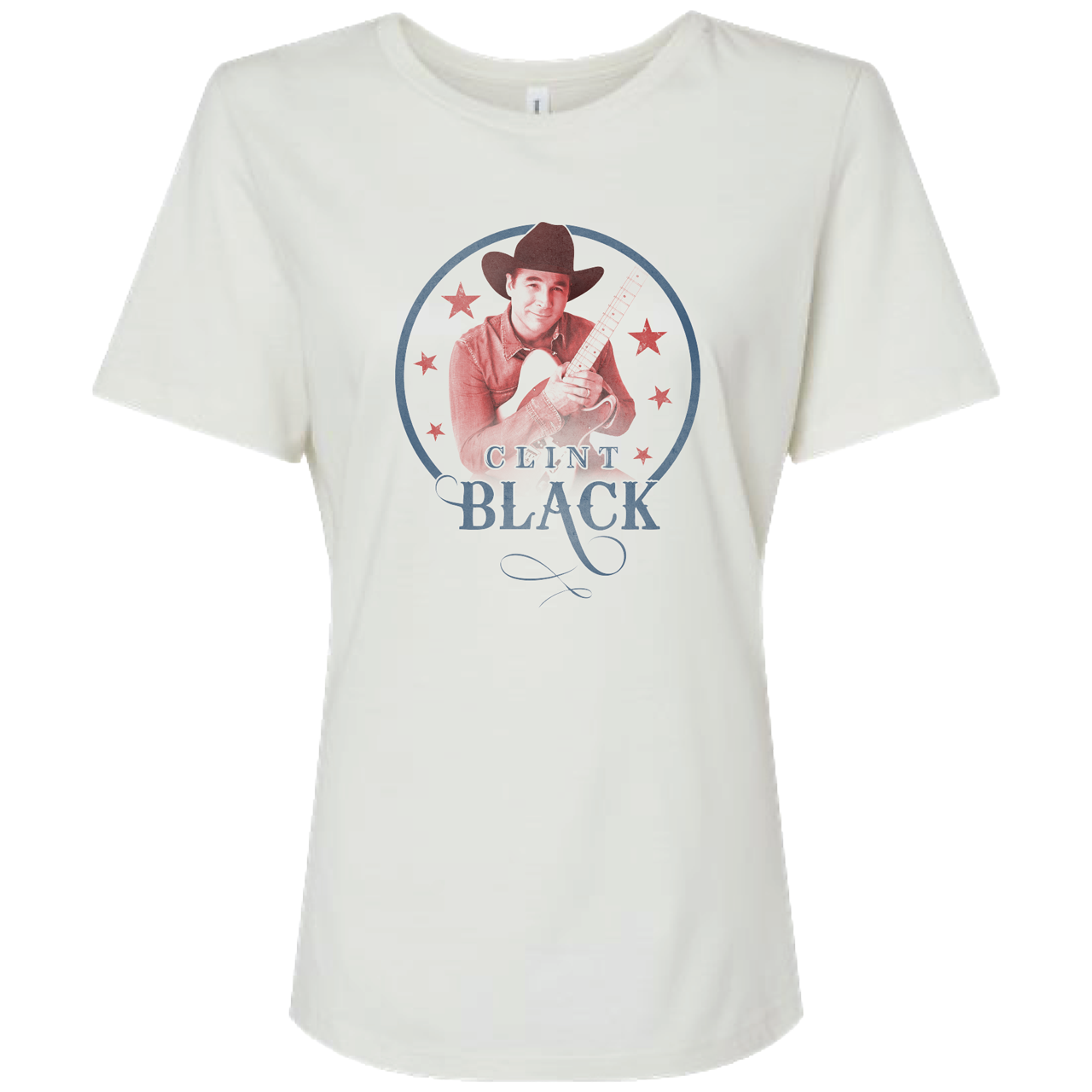 white women's tee features a Clint Black graphic on the front