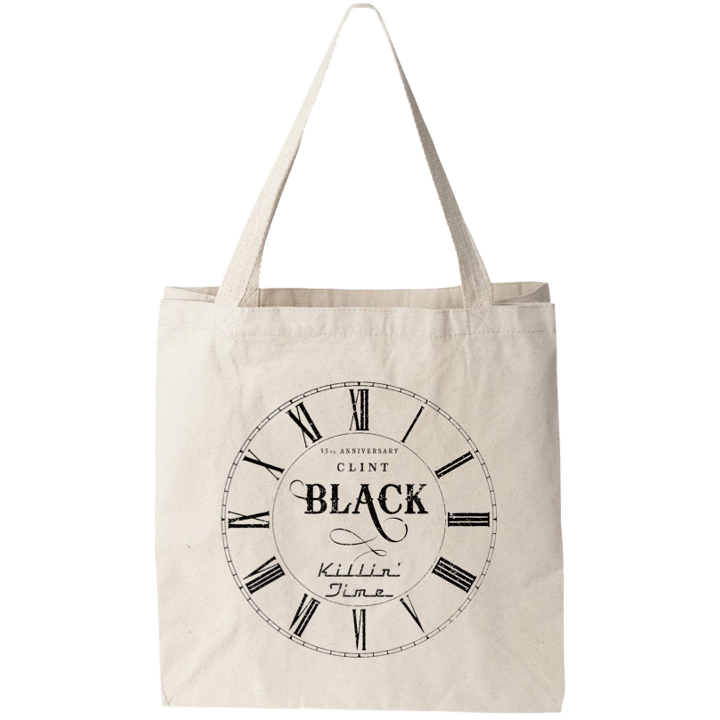 Tote featuring a clock with "35th Anniversary Clint Black Killin' Time" on the inside of the clock