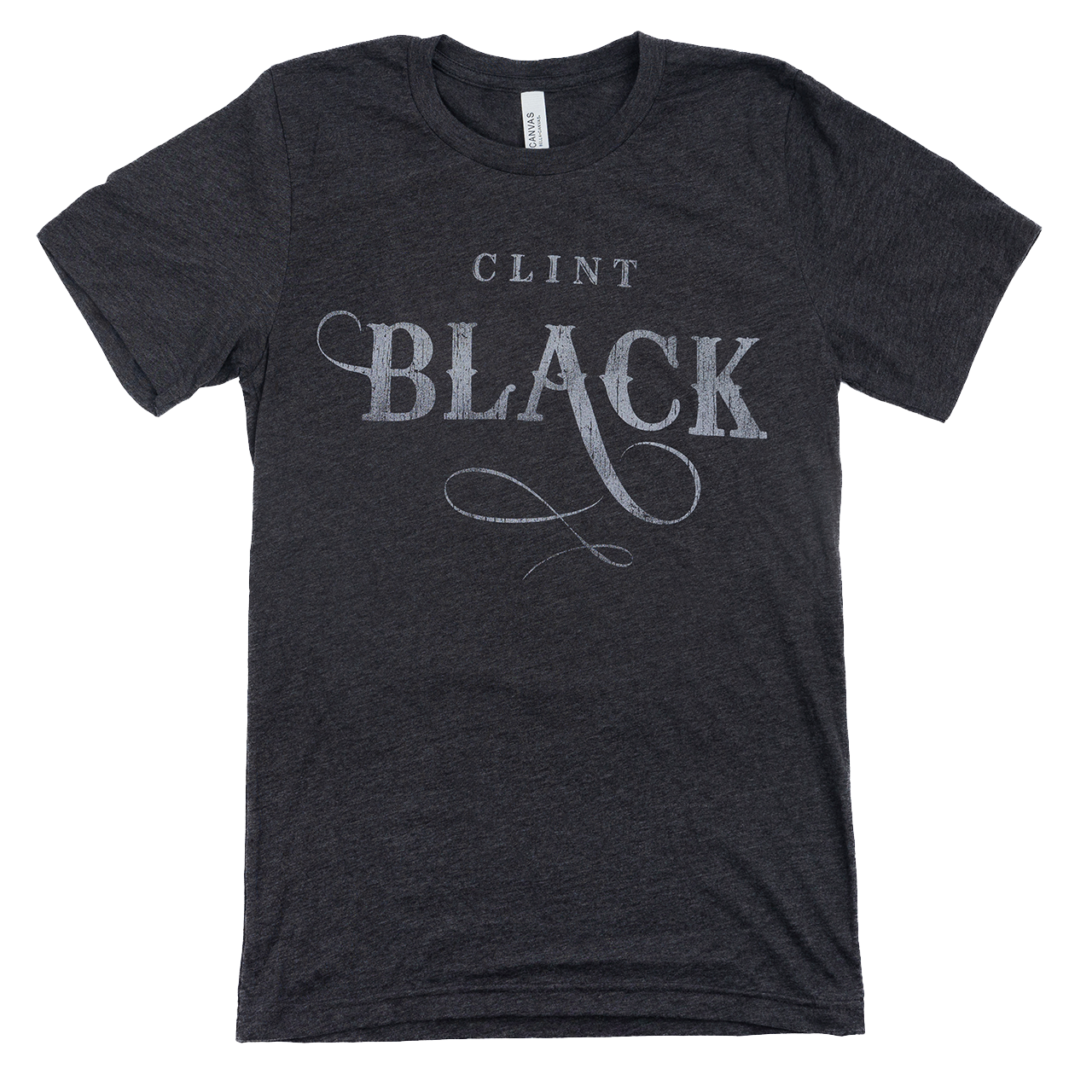 gray tee features a distressed Clint Black logo across the front