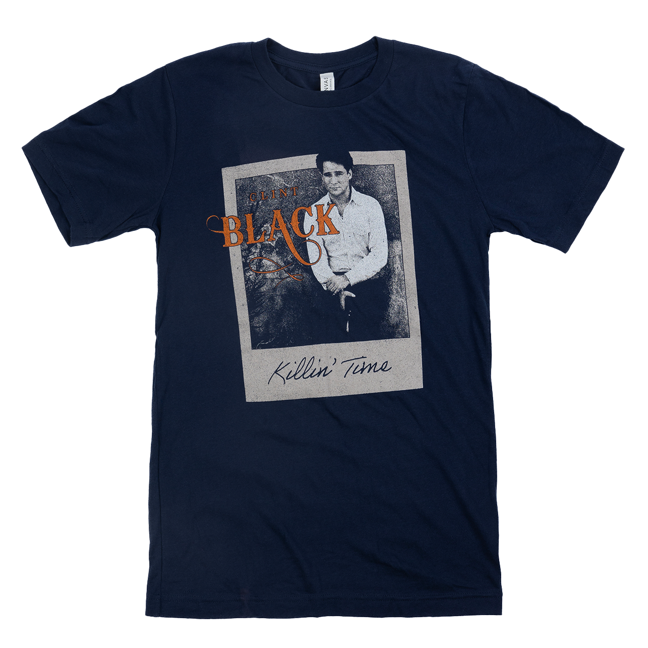 navy tee features a polaroid photo of Clint with the Clint Black logo and "Killin' Time" text