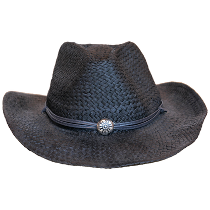 black straw cowboy hat features a sun charm