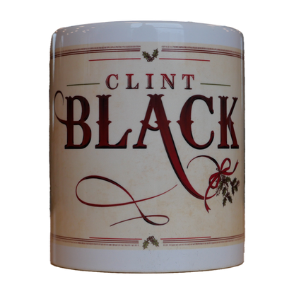 white coffee mug features the Clint Black logo with a Christmas design