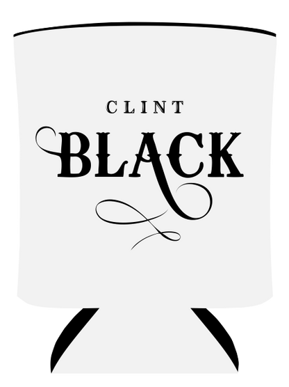 white koozie features the text, "Clint Black" on one side with a guitar on the other side above the text, "America, I'm still in love with you"