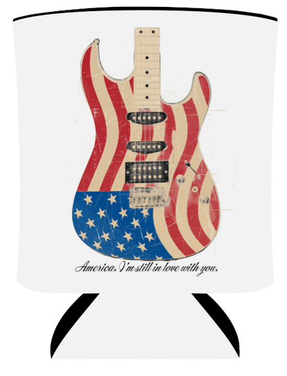 white koozie features the text, "Clint Black" on one side with a guitar on the other side above the text, "America, I'm still in love with you"